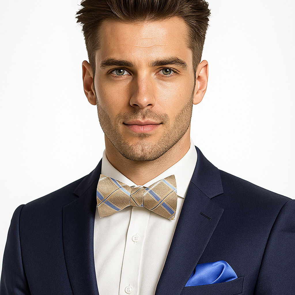 Man wearing a navy suit with a plaid bow tie and blue pocket square on a white background