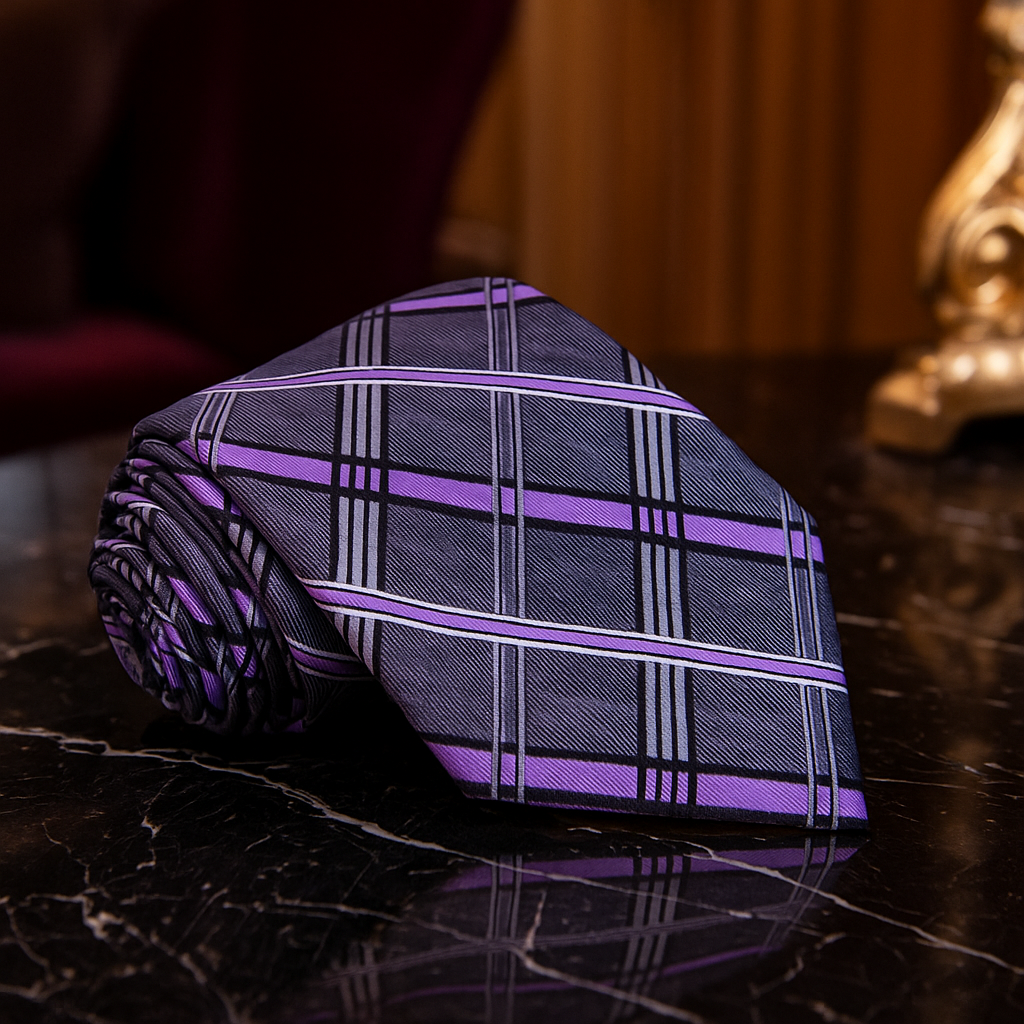 Purple and gray plaid tie on a reflective surface with a blurred background