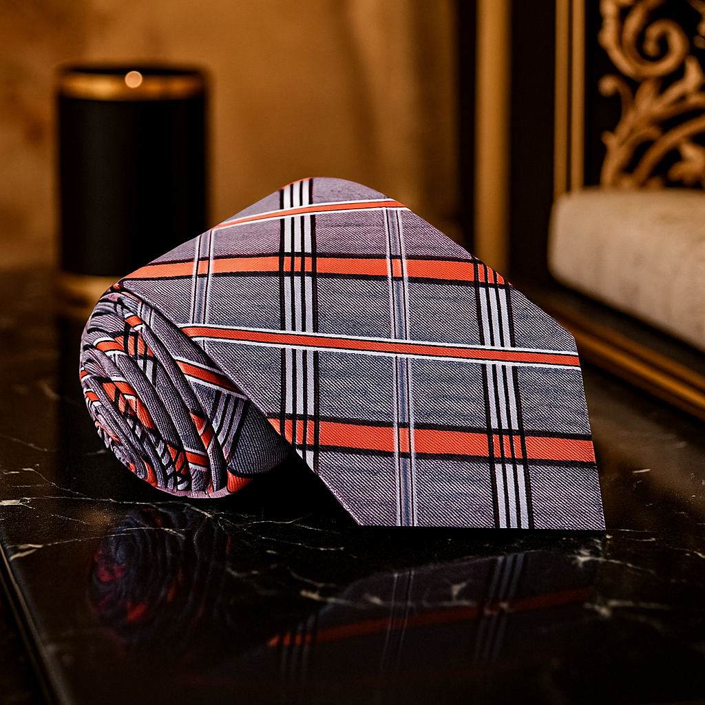 Plaid tie with coral and gray pattern on a reflective surface