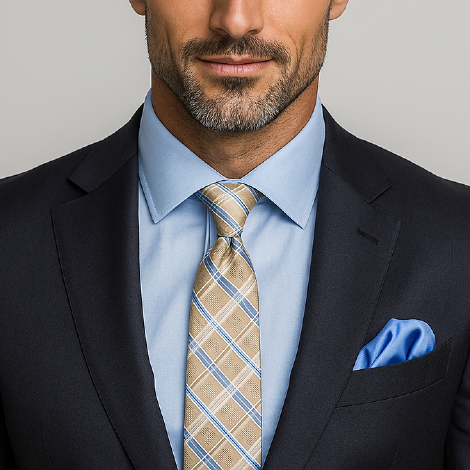 Man wearing a dark suit with a light blue shirt, plaid tie, and blue pocket square.