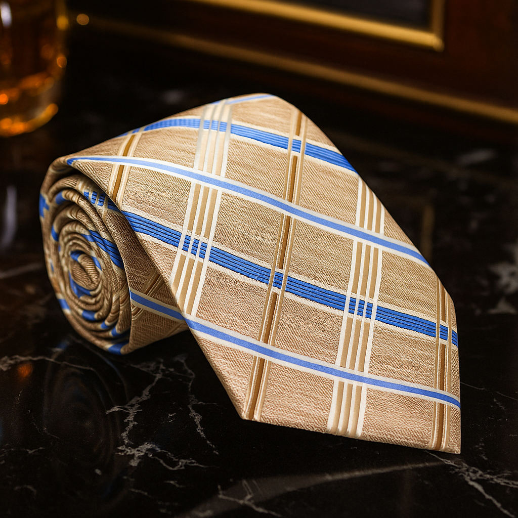 Plaid tie with blue plaid stripes on a dark surface