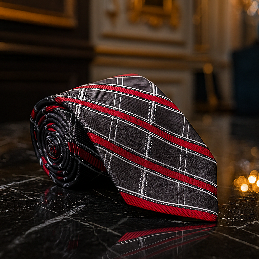 Rolled-up tie with red and gray plaid pattern on a reflective surface