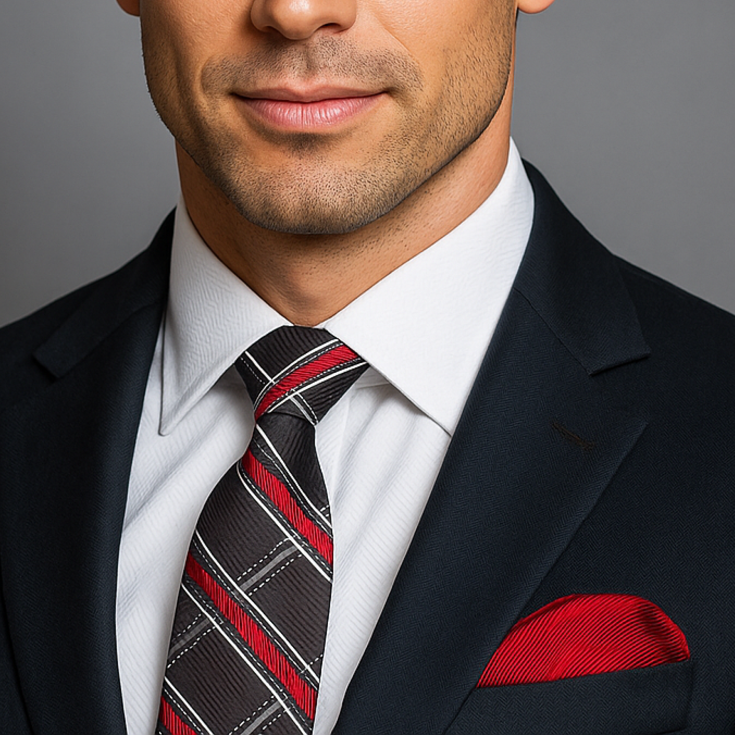 Man wearing a dark suit with a red and black striped tie and matching pocket square on a gray background