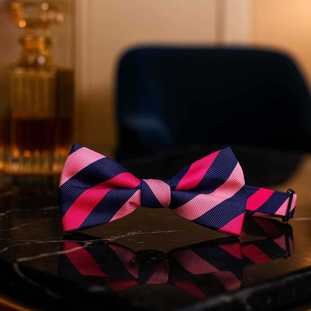 Pink and blue striped bow tie on a reflective surface with a blurred background