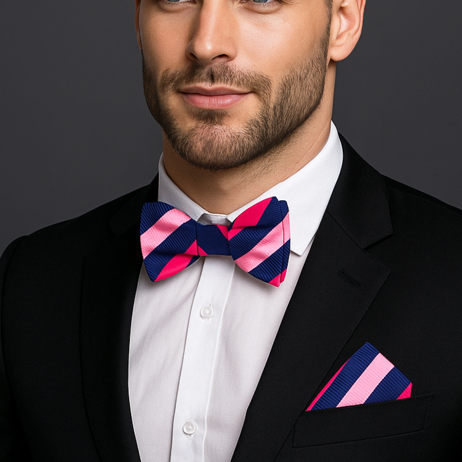 Man wearing a black suit with a pink and blue striped bow tie and pocket square against a dark background