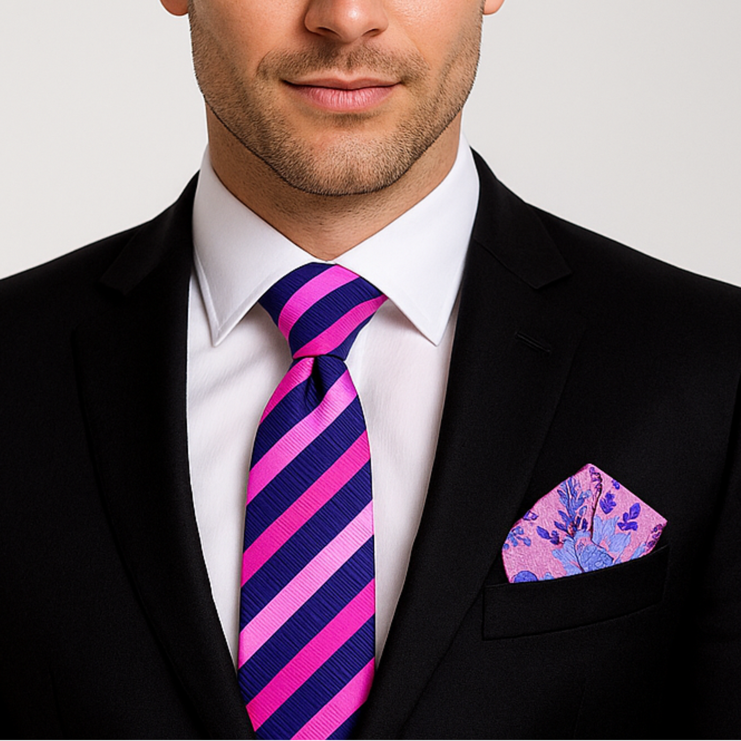 Man wearing a black suit with a pink and blue striped tie and matching pocket square on a light gray background