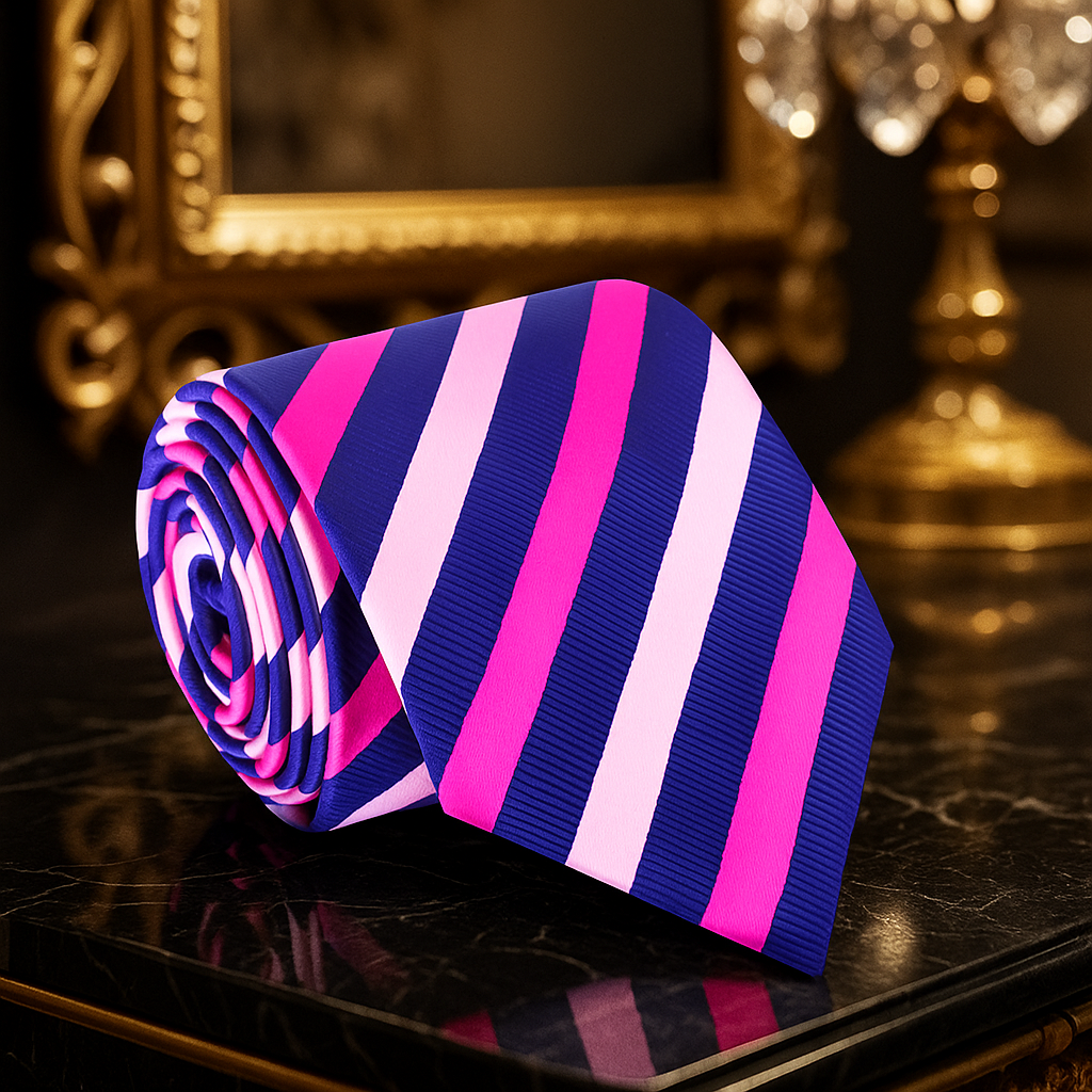 Pink and blue striped tie on a reflective surface with a decorative background