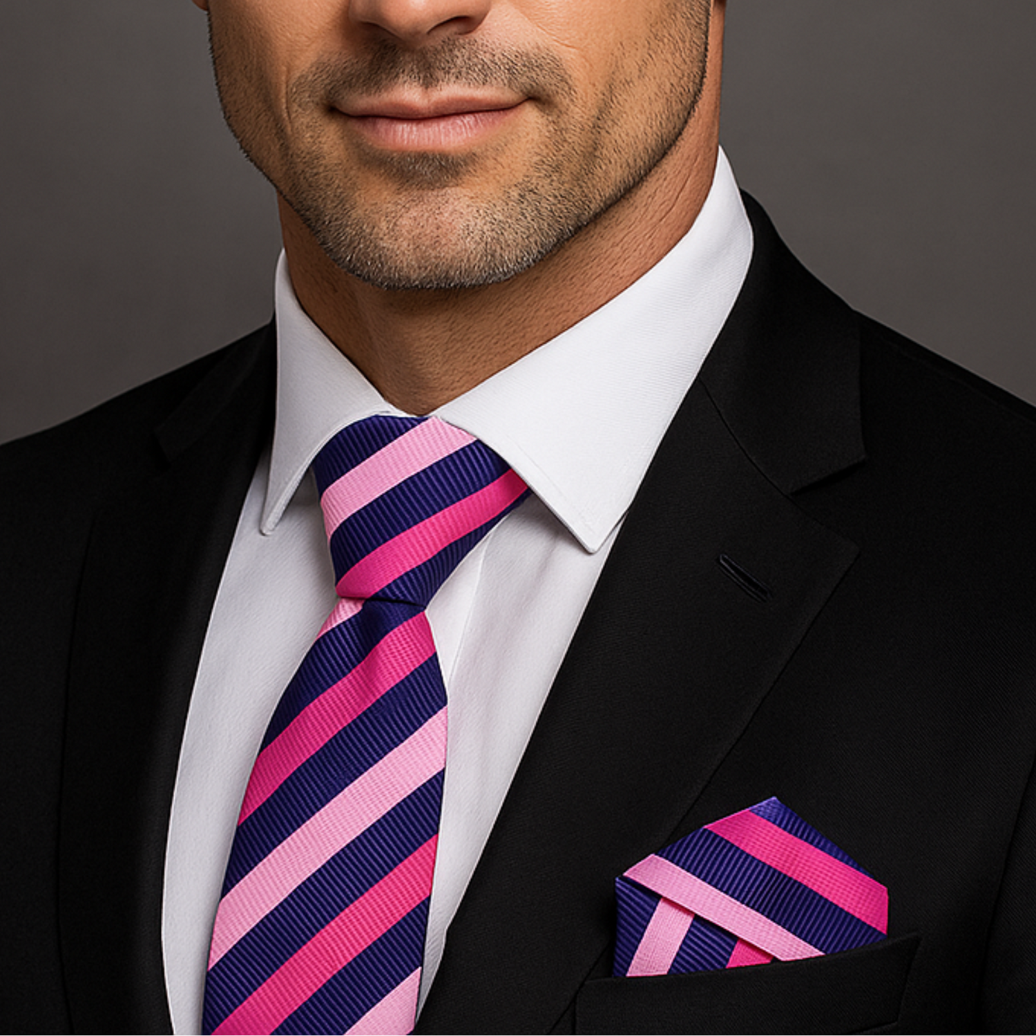 Man wearing a black suit with a pink and blue striped tie and pocket square on a gray background