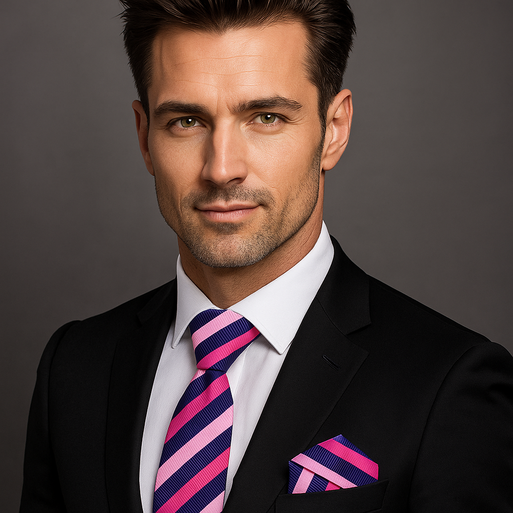 Man wearing a black suit with a pink and blue striped tie and pocket square on a gray background