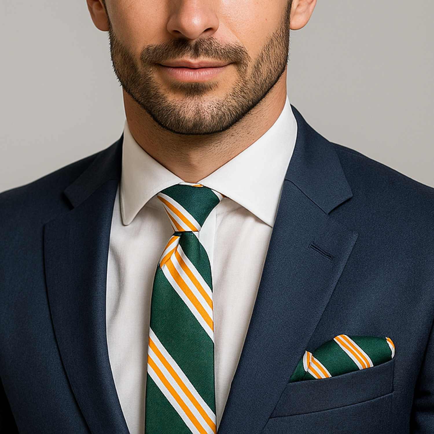 Man wearing green and yellow stripe tie and square