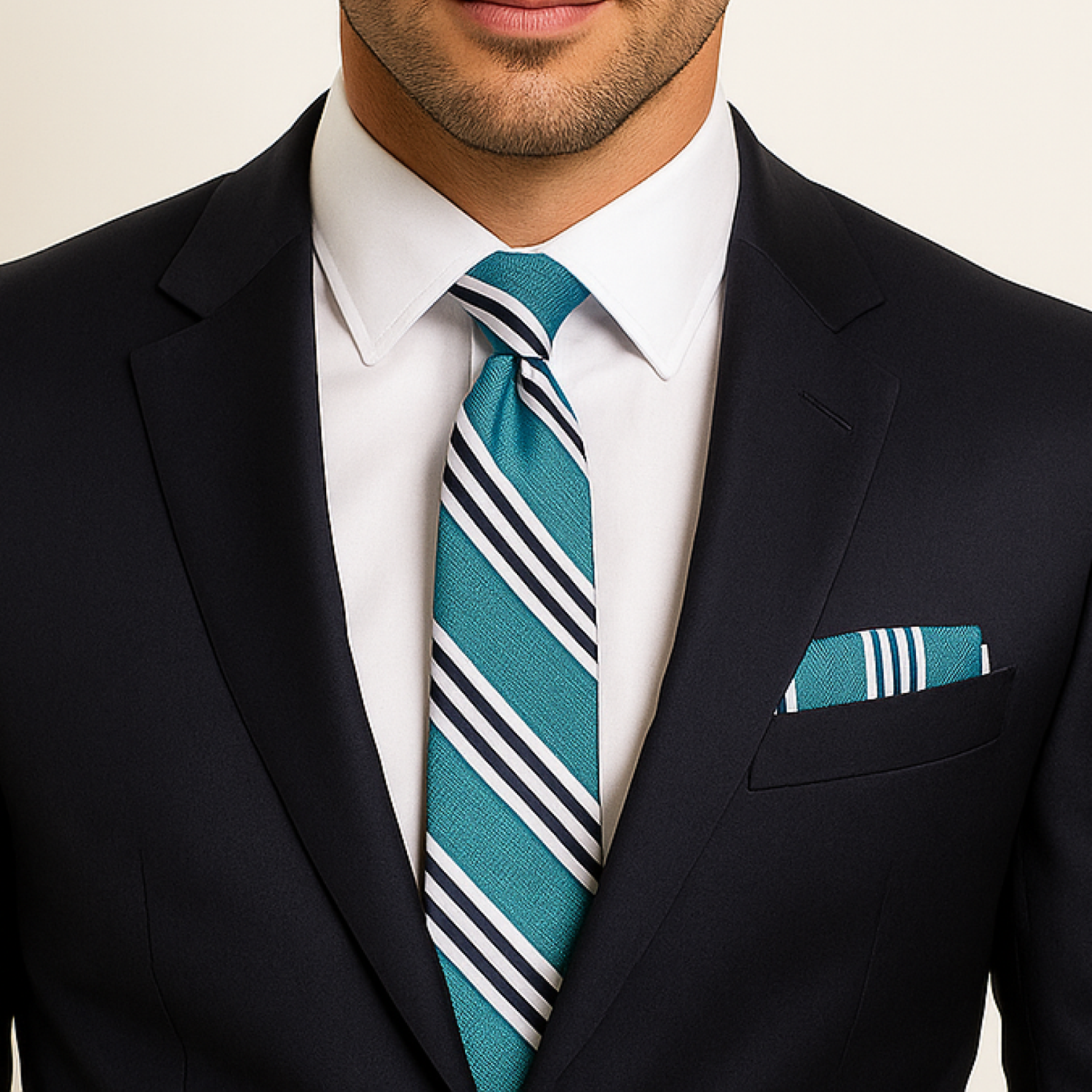 Man wearing teal, white and black stripe tie and square