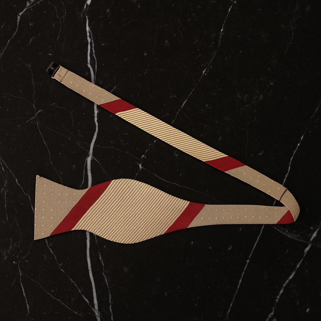 gold and red striped bow tie on a dark marble background