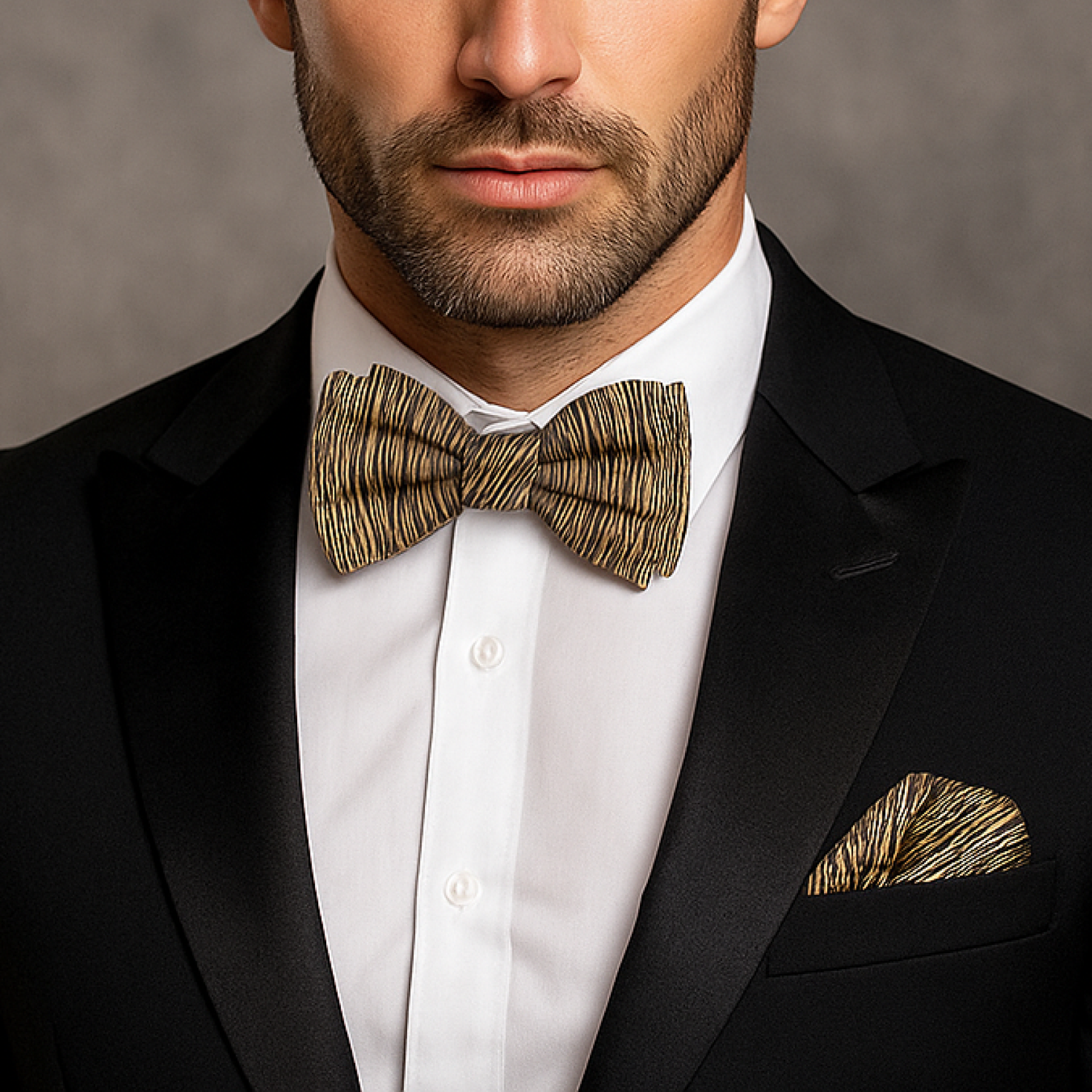 Man wearing a black suit with a white shirt, brown bow tie, and matching pocket square against a gray background.