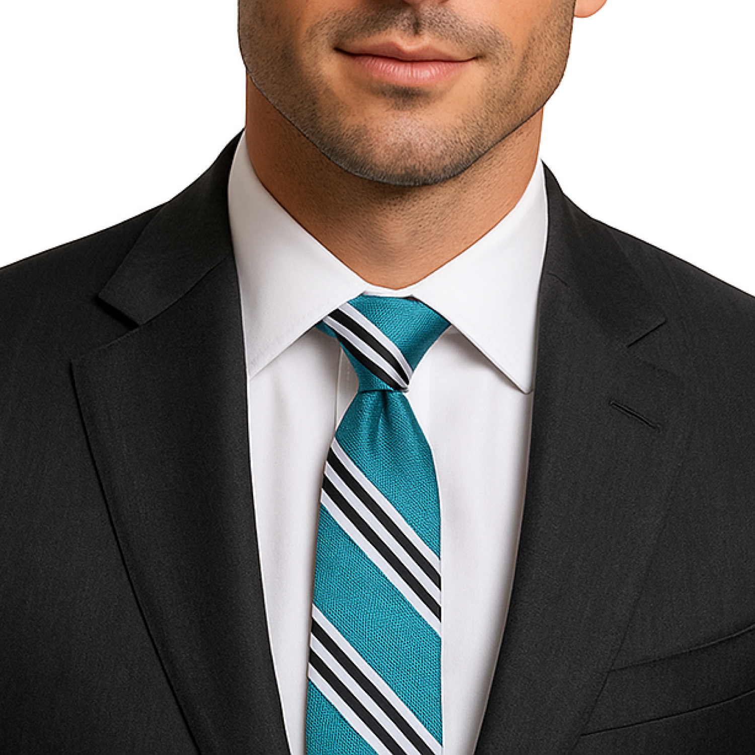 Man wearing a black suit with a white shirt and a turquoise tie with black and white stripes.