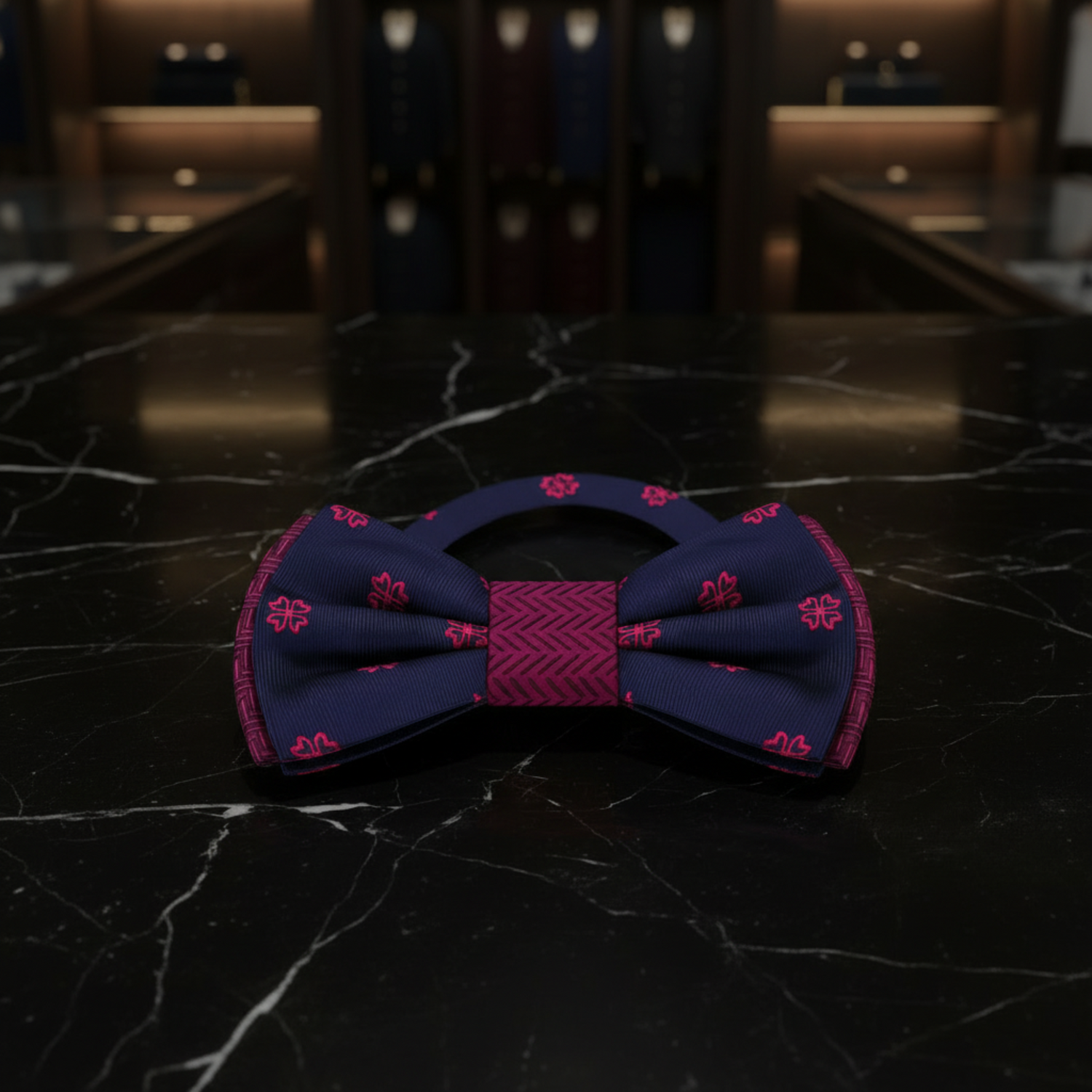 Blue and pink bow tie on a black marble background