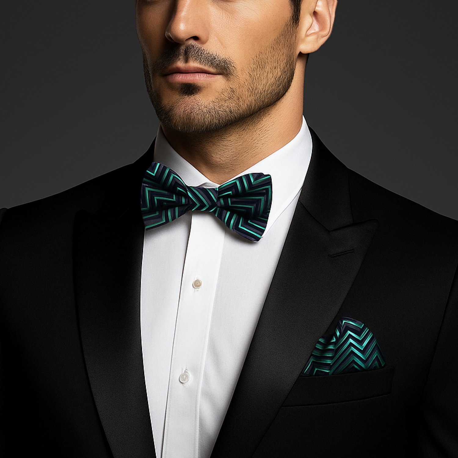 Man wearing a black tuxedo with a green and blue patterned bow tie and pocket square on a dark background.