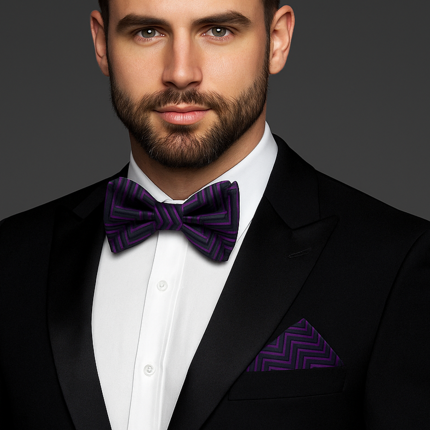 Man wearing a black suit with a white shirt and purple bow tie and pocket square on a gray background
