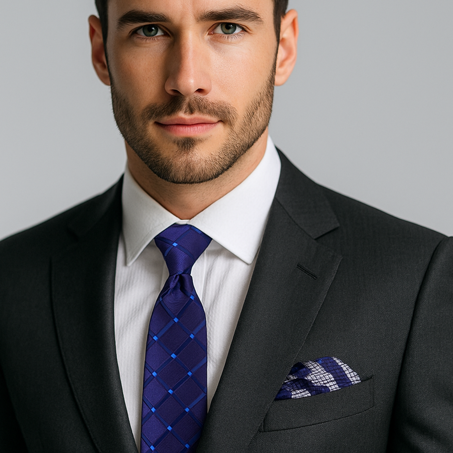 Man wearing a dark suit with a white shirt and blue tie against a gray background