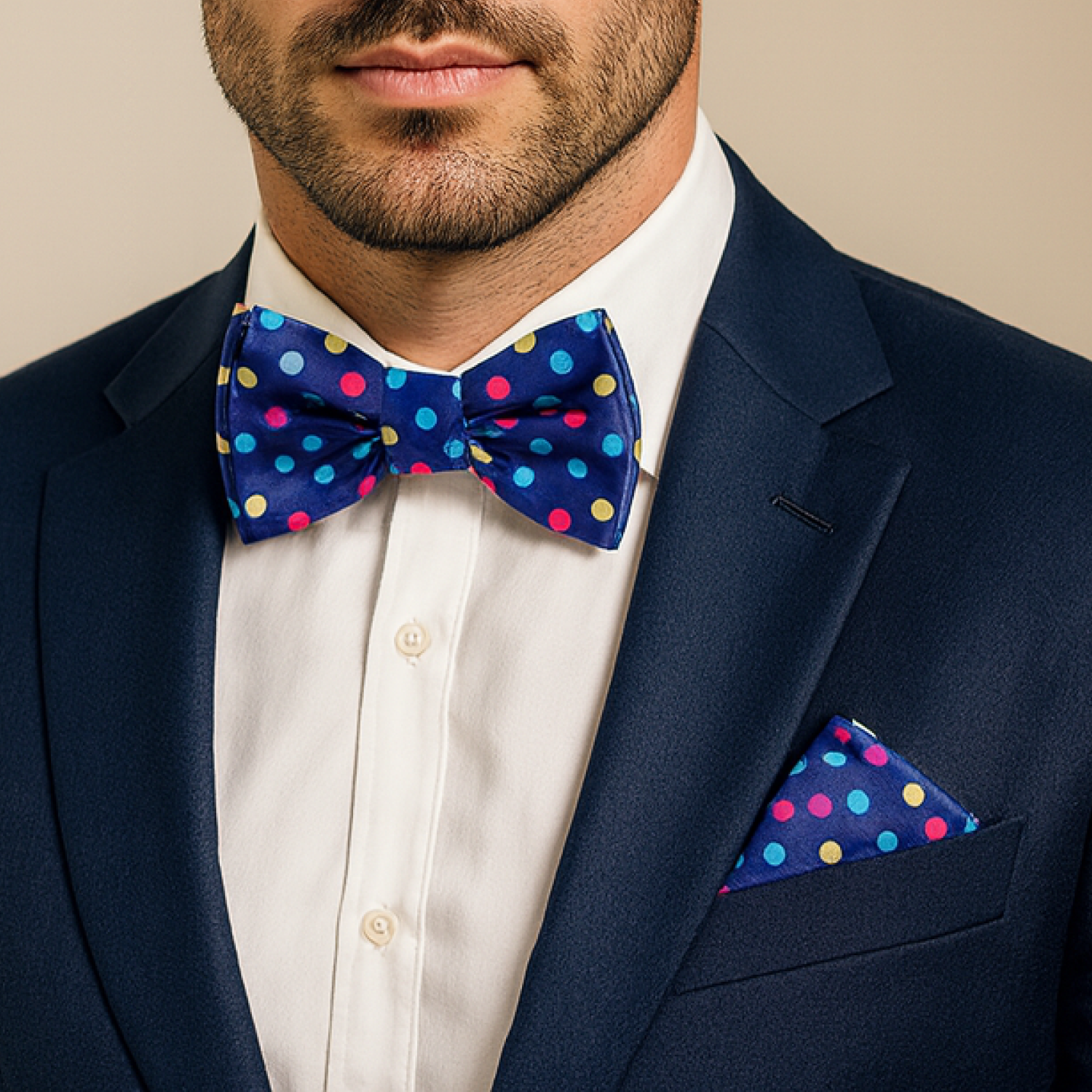 Man wearing a navy suit with a colorful polka dot bow tie and pocket square.
