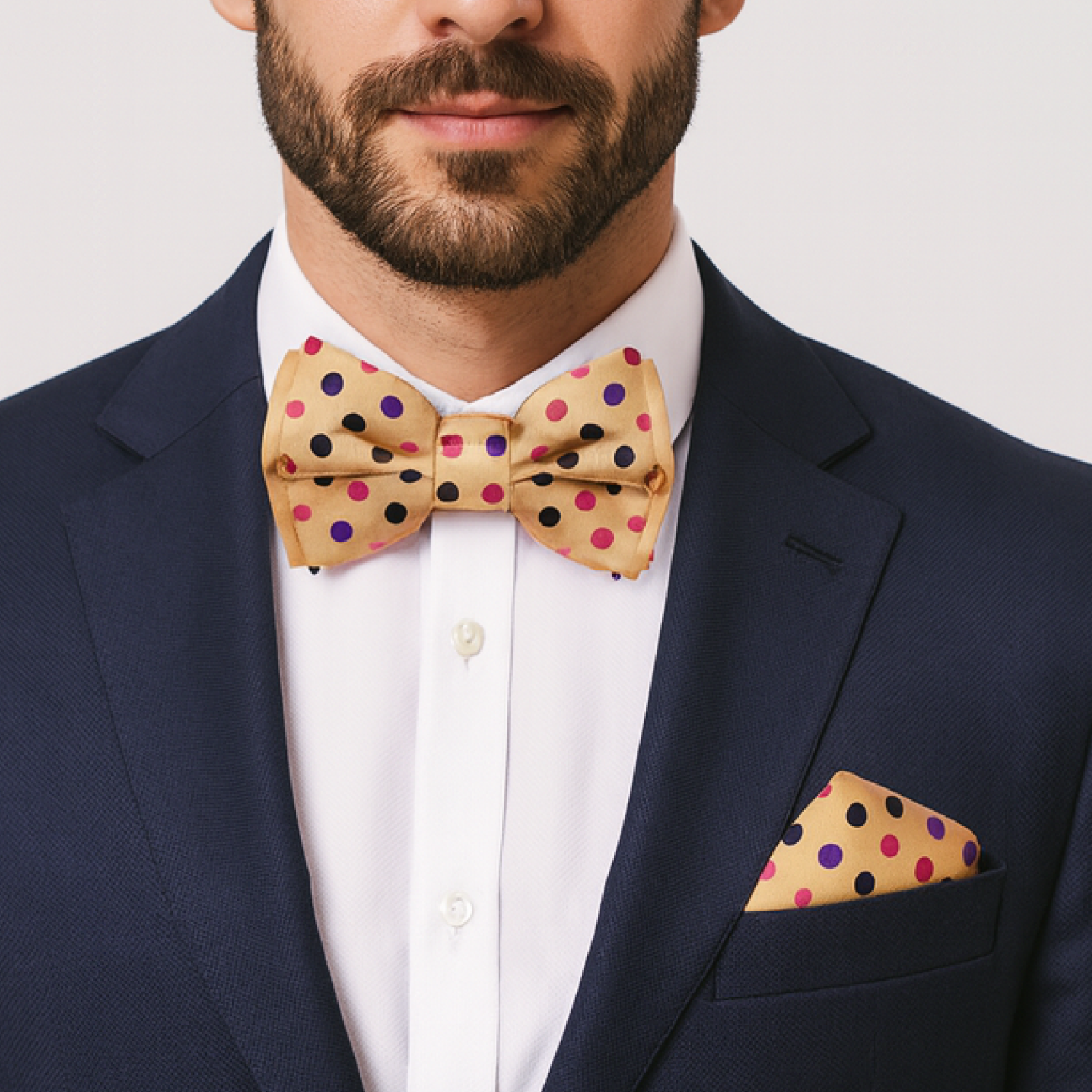 Man wearing a navy suit with a colorful polka dot bow tie and pocket square.