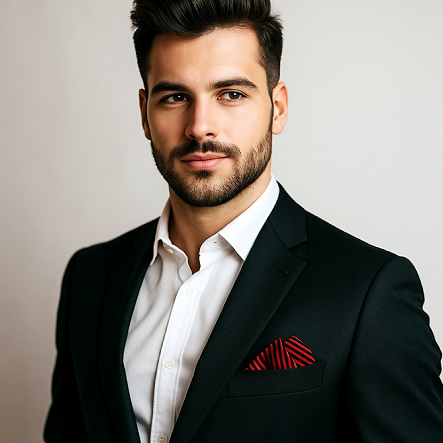 Man wearing a black suit with a red pocket square on a plain background