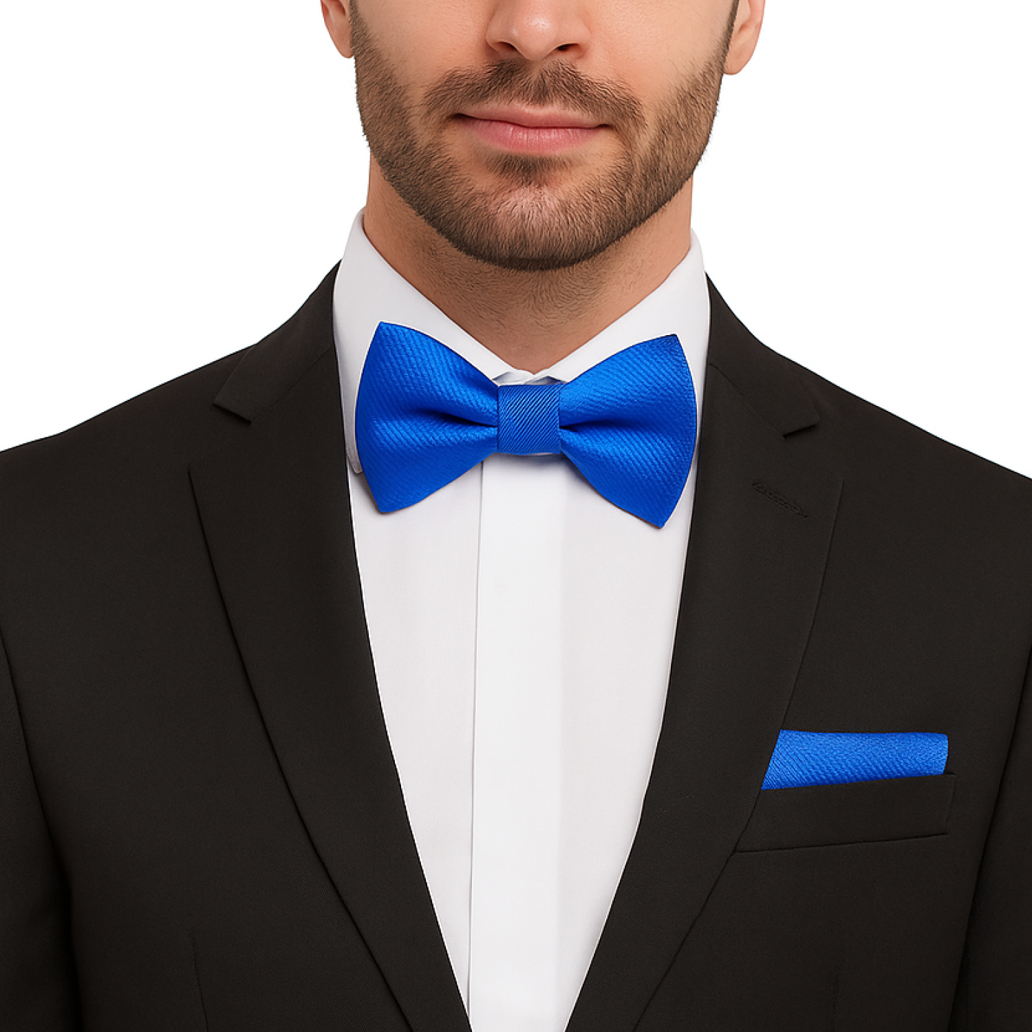 Man wearing a black suit with a blue bow tie and pocket square on a white background