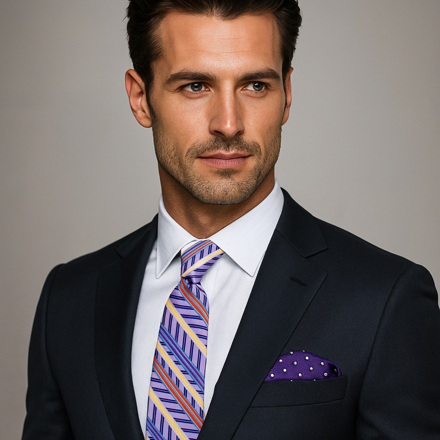 Lavender Multi-Stripe Necktie with Matching or Accenting Square