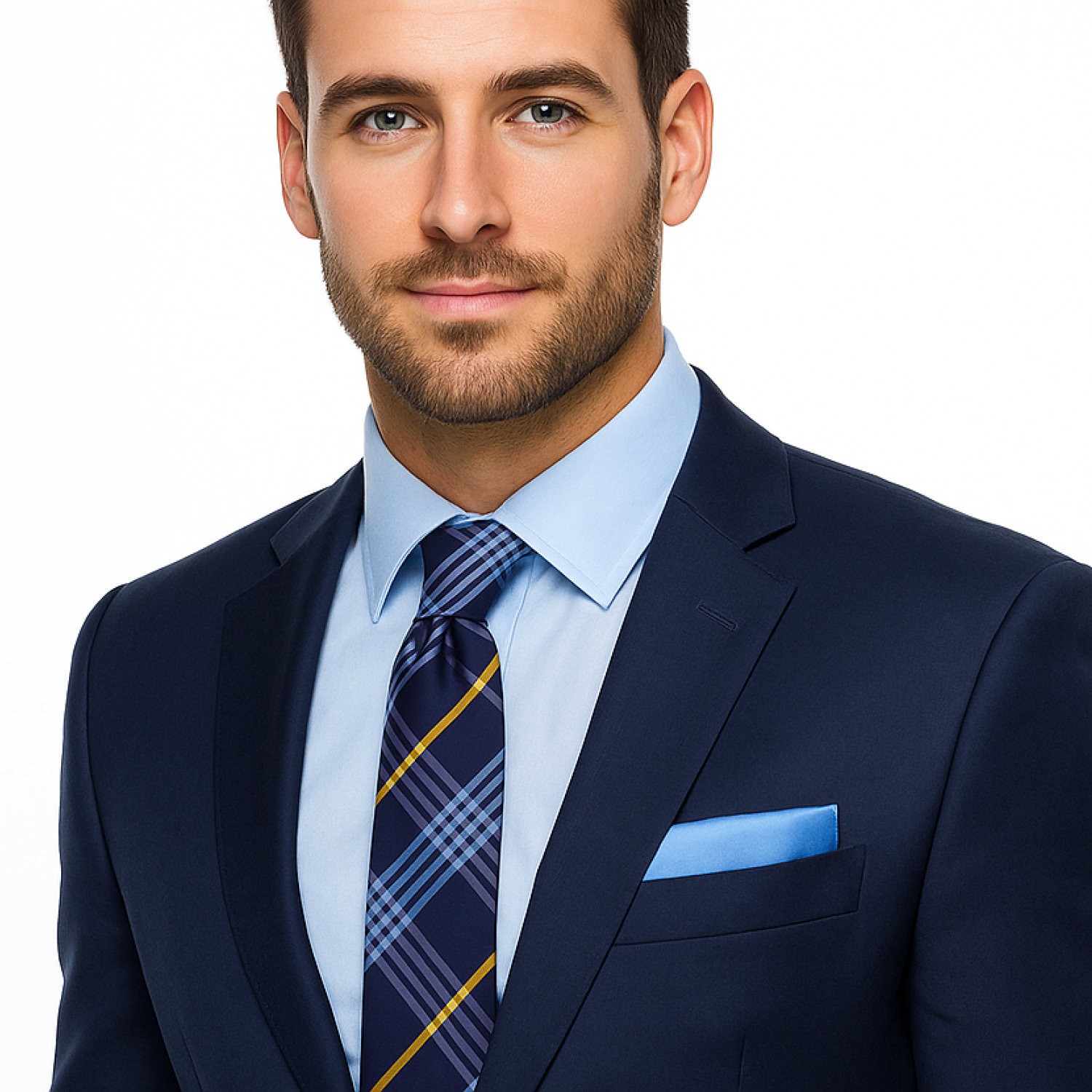 Man wearing a navy suit with a blue shirt, patterned tie, and pocket square on a white background