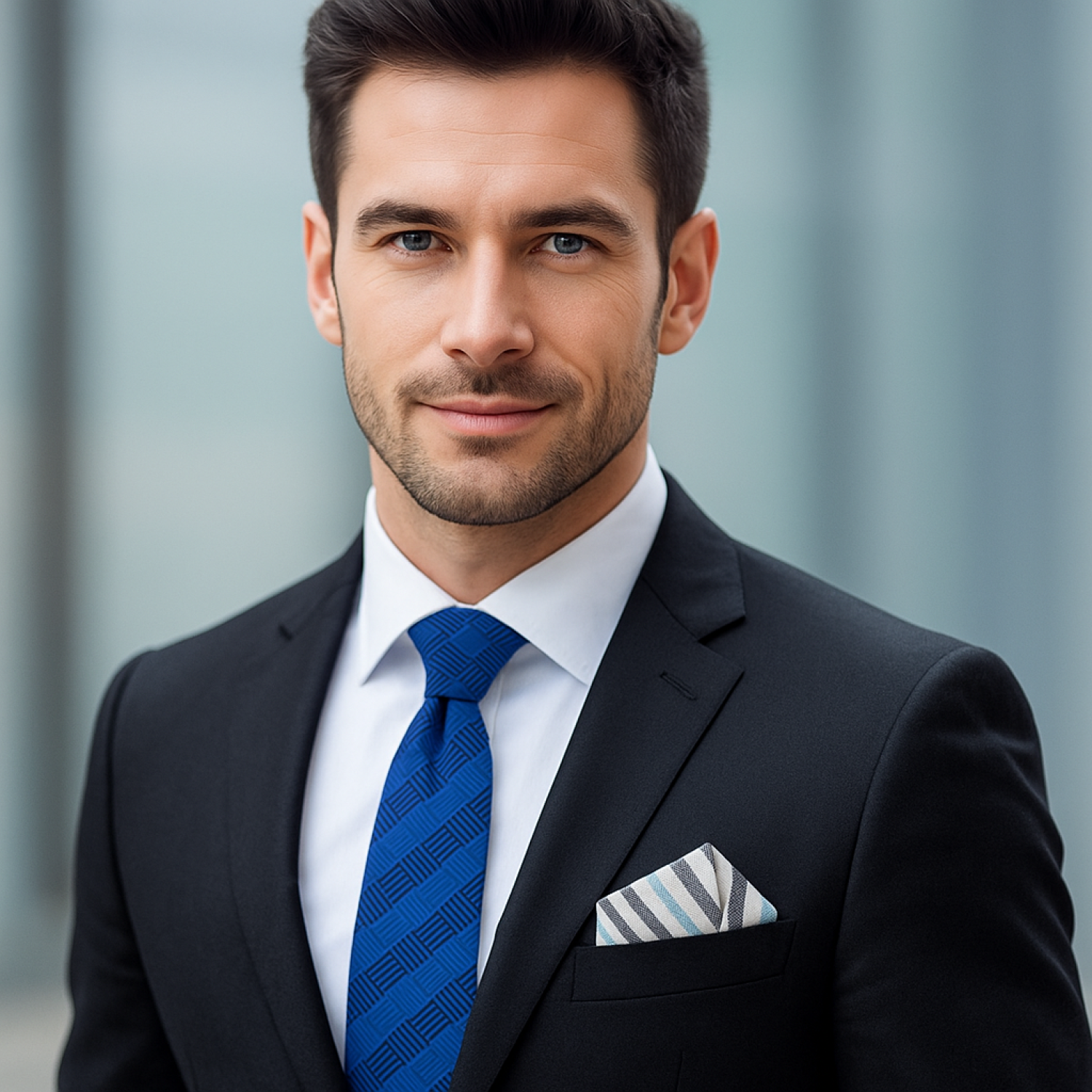 Man wearing a dark suit with a blue tie and striped pocket square against a blurred background