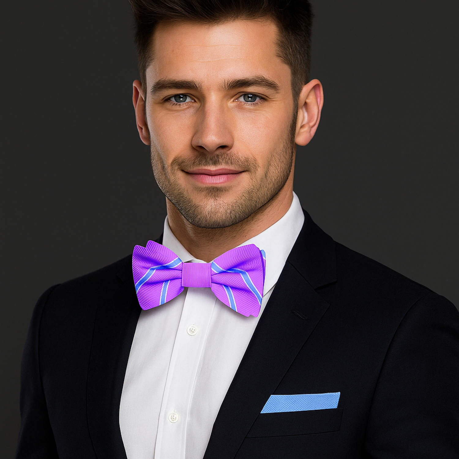 Man wearing a black suit with a purple bow tie on a dark background