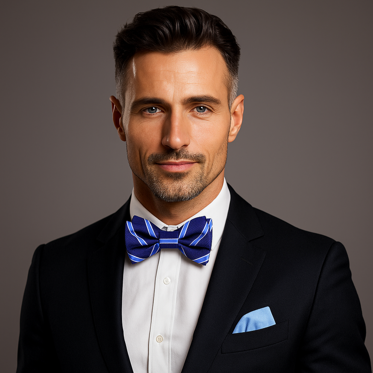 Man wearing a black suit with a blue bow tie and pocket square on a gray background