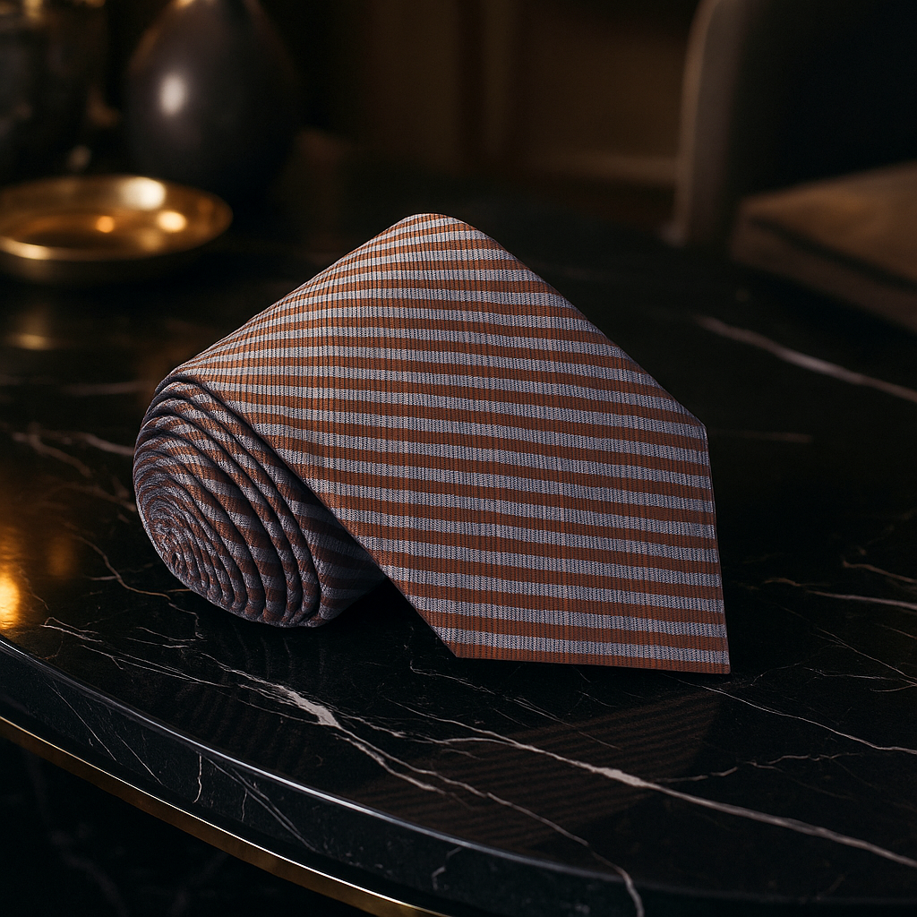 Rolled-up striped microstripe rust brown tie on a dark marble surface with a blurred background