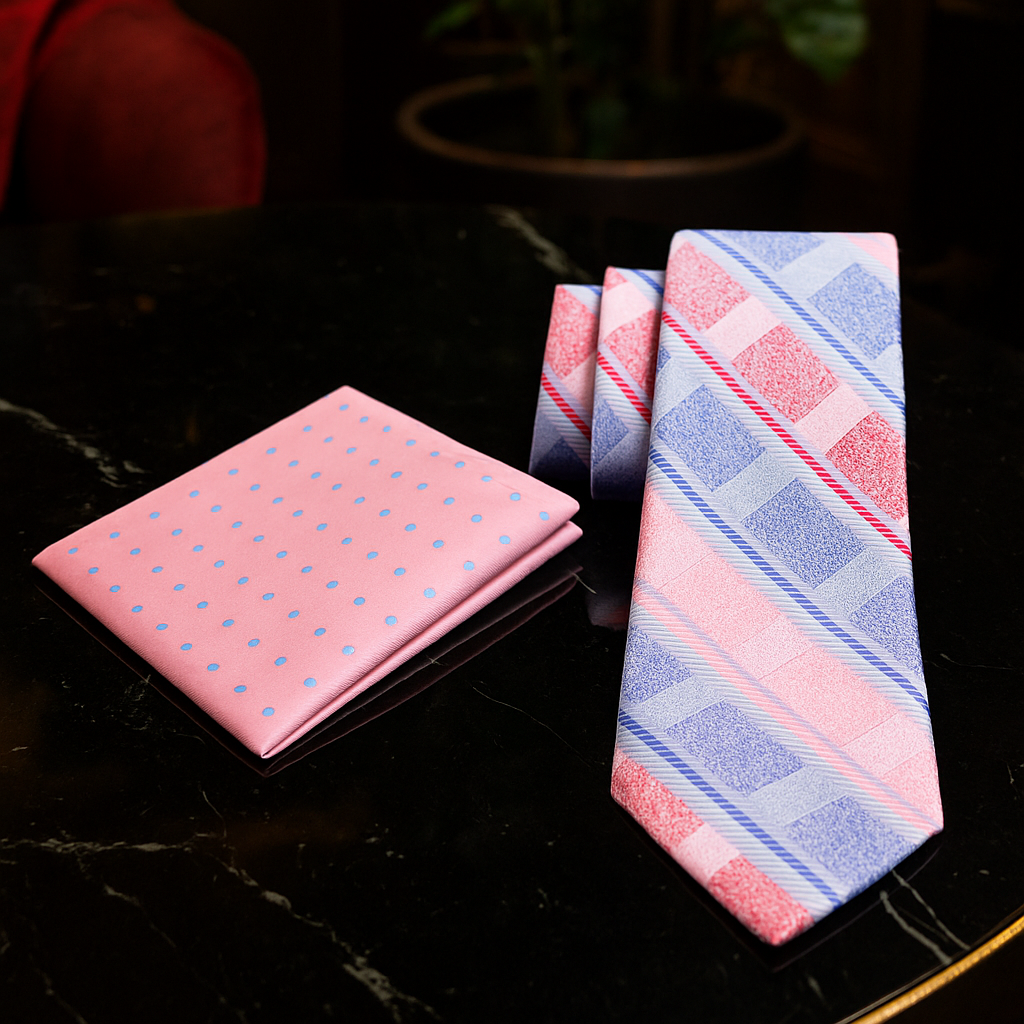 Alt Pink Red Blue Stripe Tie and Accenting Pink Pocket Square