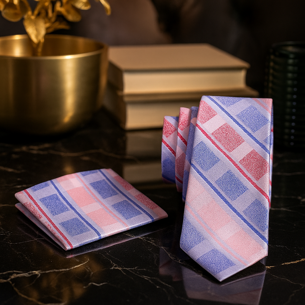 Alt Alt Pink Red Blue Stripe Tie and Matching Pocket Square