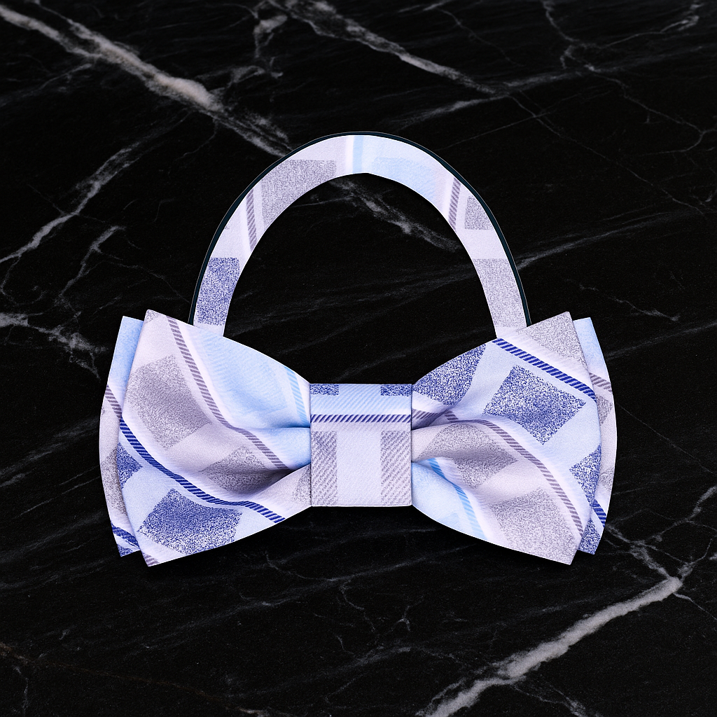 Plaid patterned pre tied bow tie on a black marble background