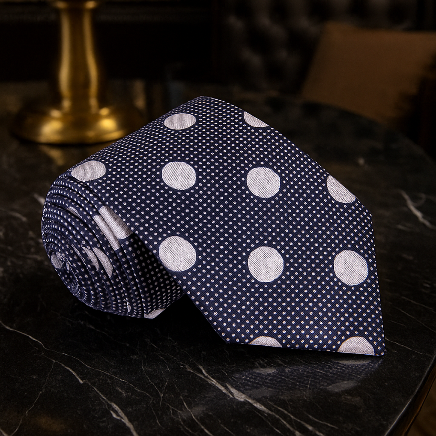 A Dark Blue, Grey Dots Pattern Necktie 