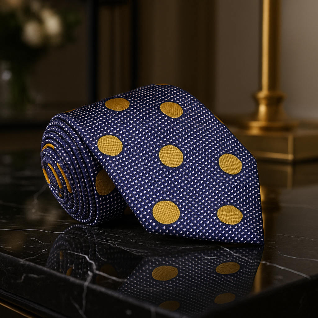 Blue tie with gold polka dots on a reflective surface