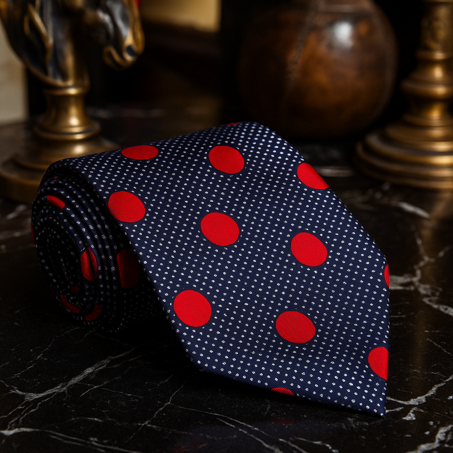 navy, red polka tie  