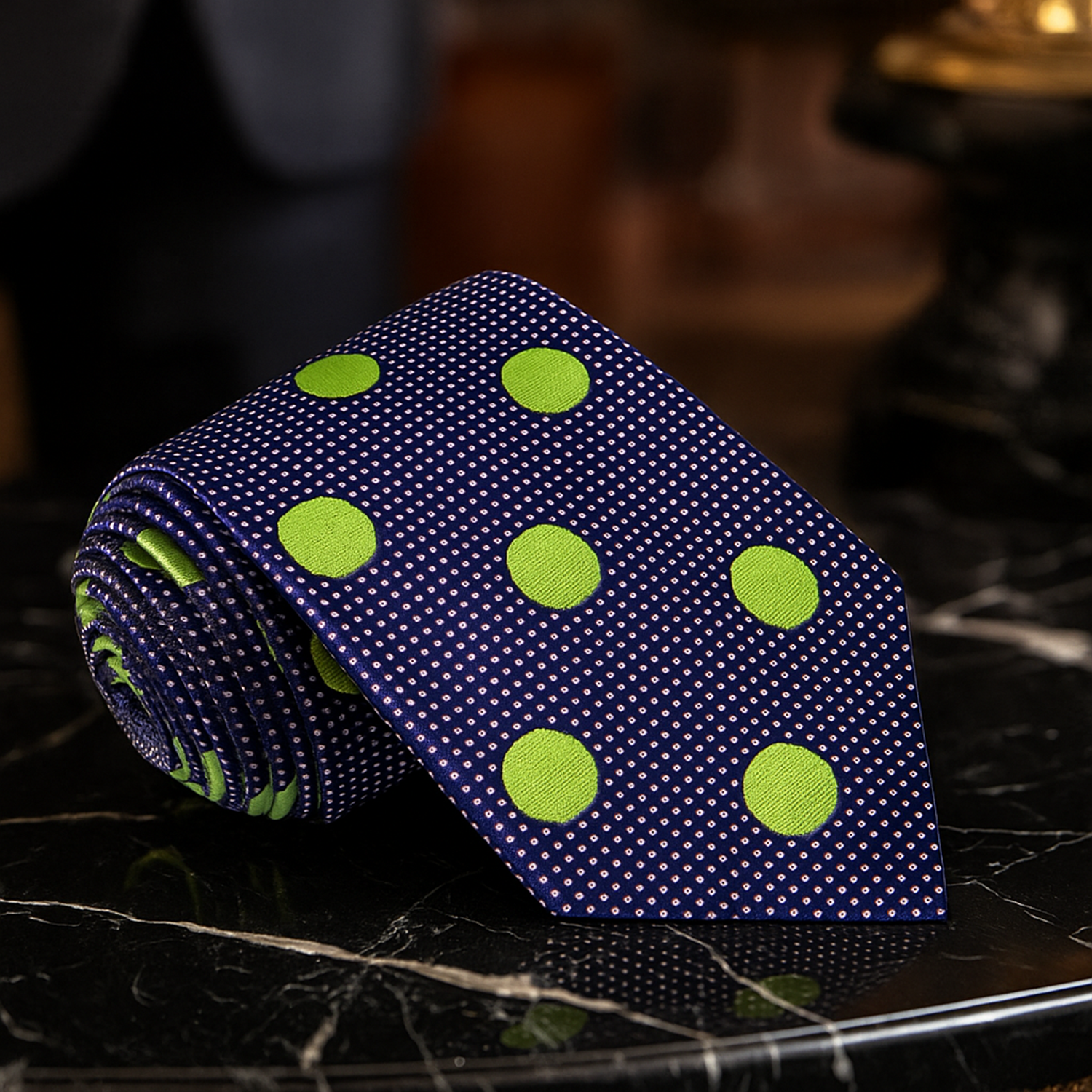 Blue tie with green polka dots on a dark surface