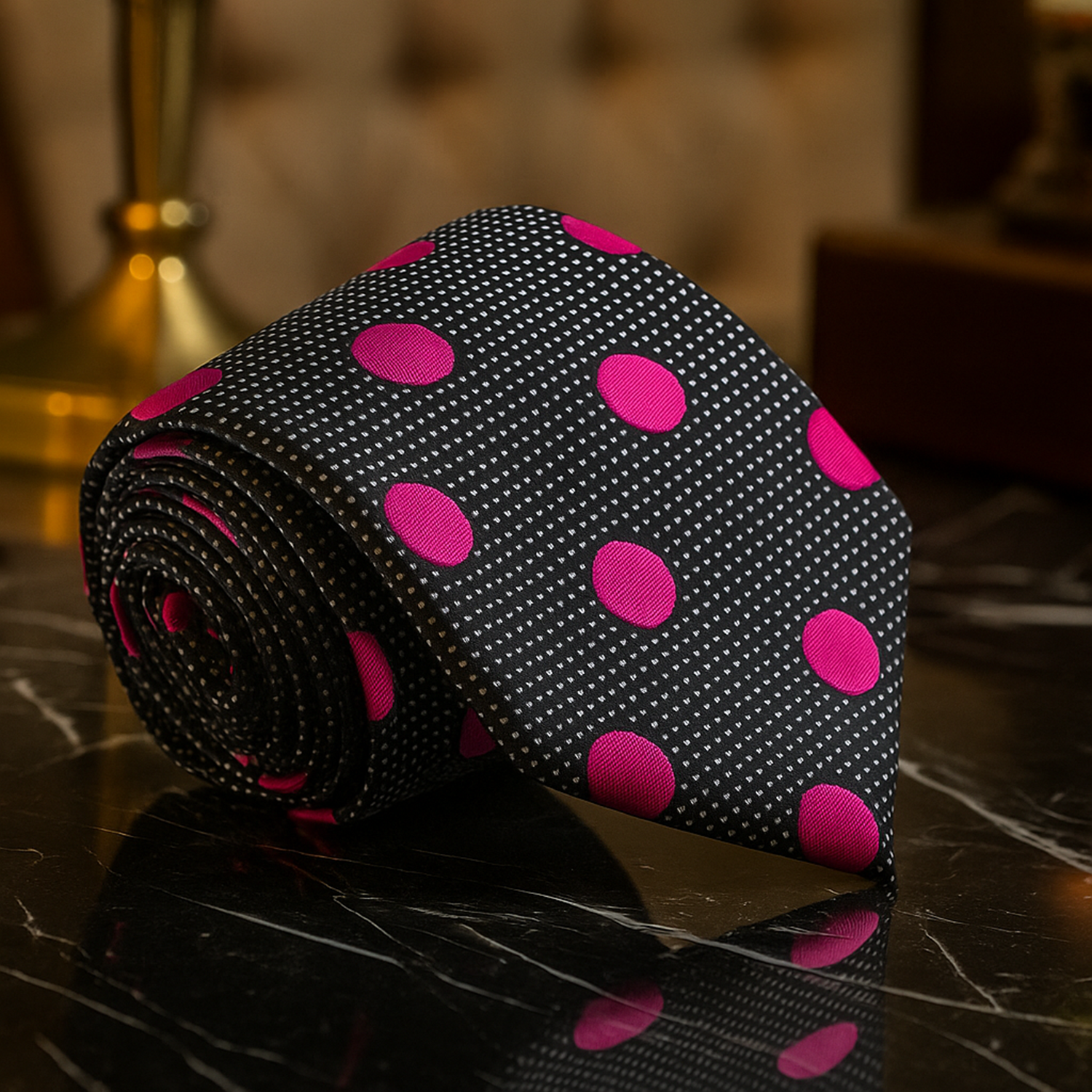Black tie with pink polka dots on a reflective surface