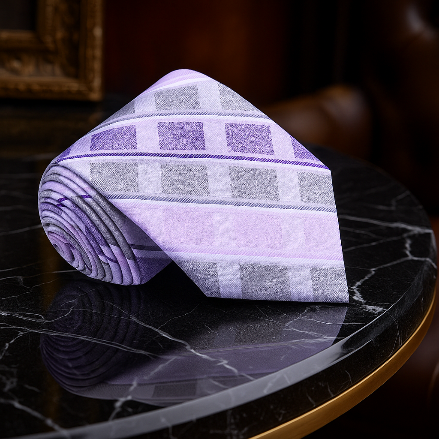 Rolled-up purple and gray checkered tie on a dark marble surface