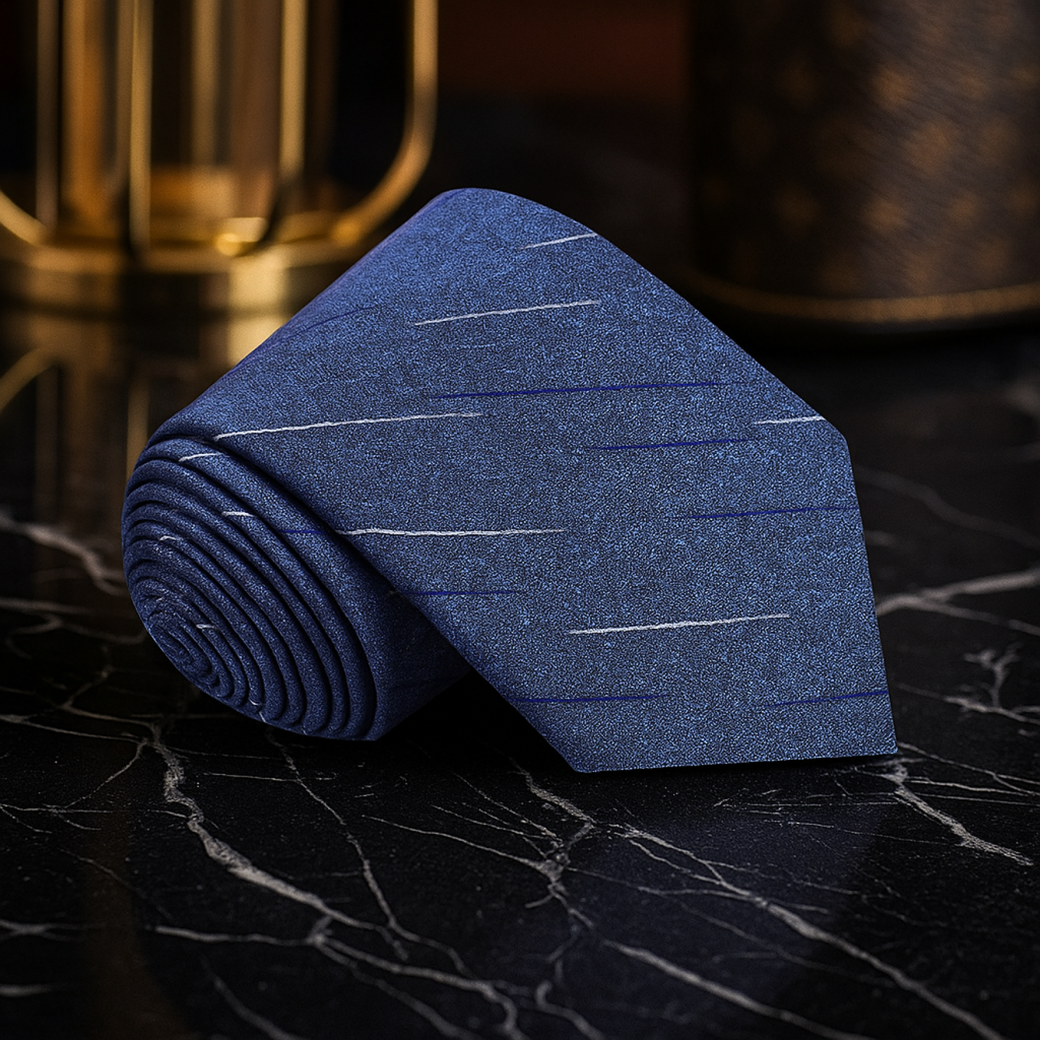 Rolled-up blue tie on a dark marble surface
