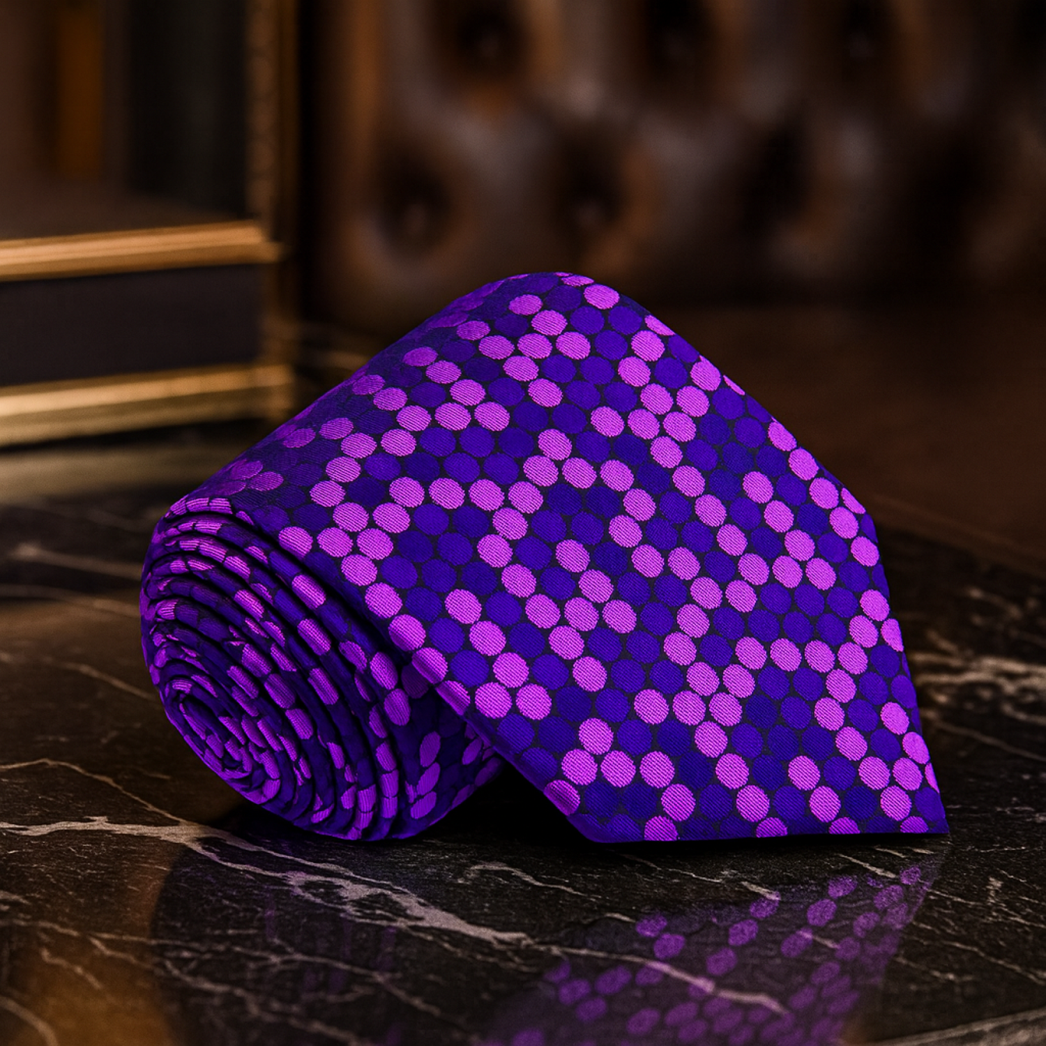 Purple tie with pink polka dots on a dark surface