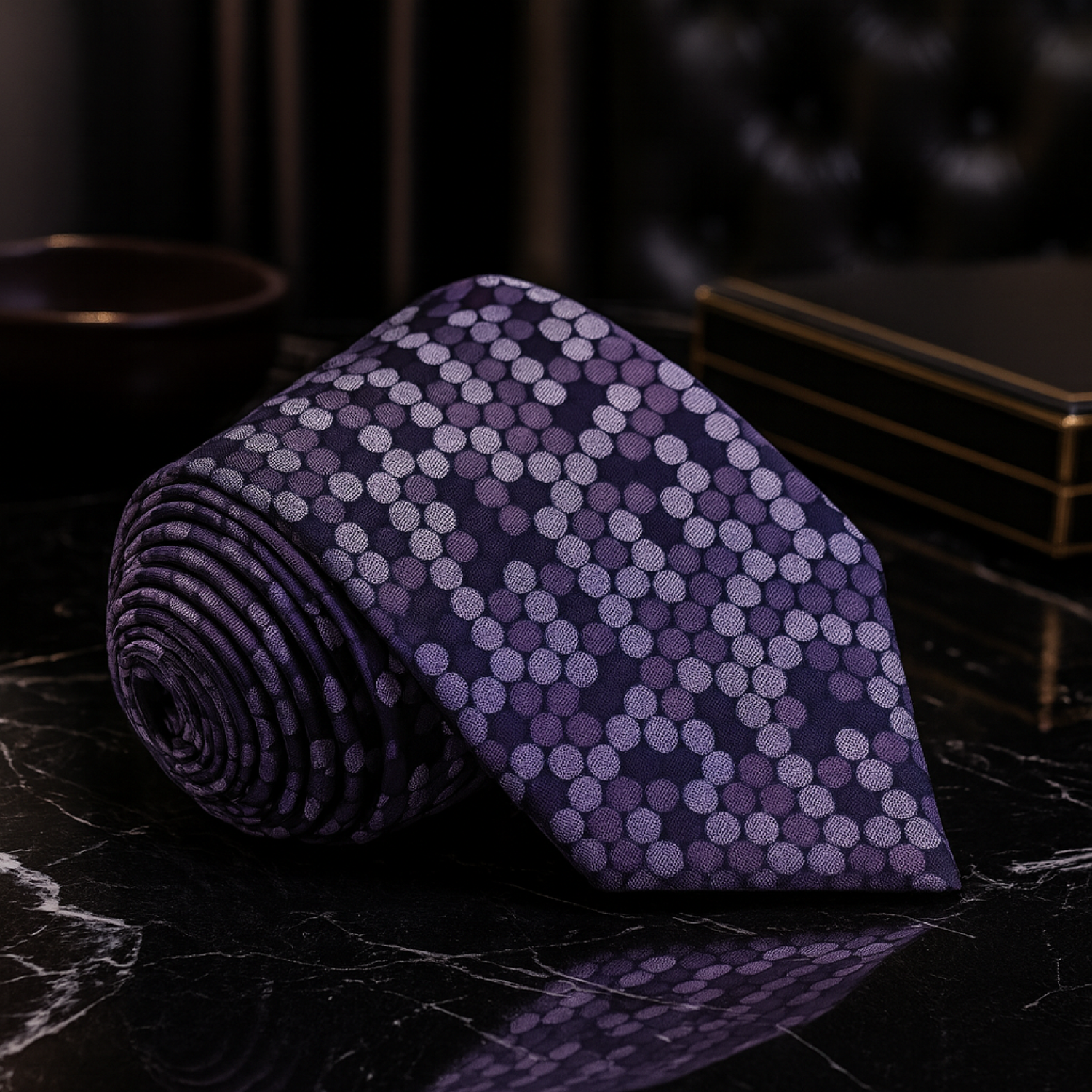 Rolled-up purple polka patterned tie on a dark surface