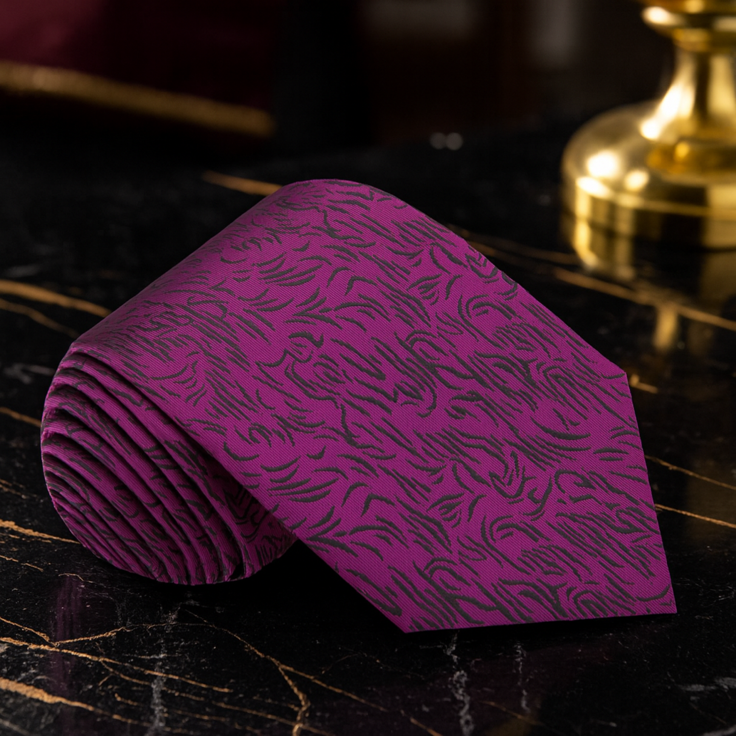 Purple tie with a black pattern on a dark surface