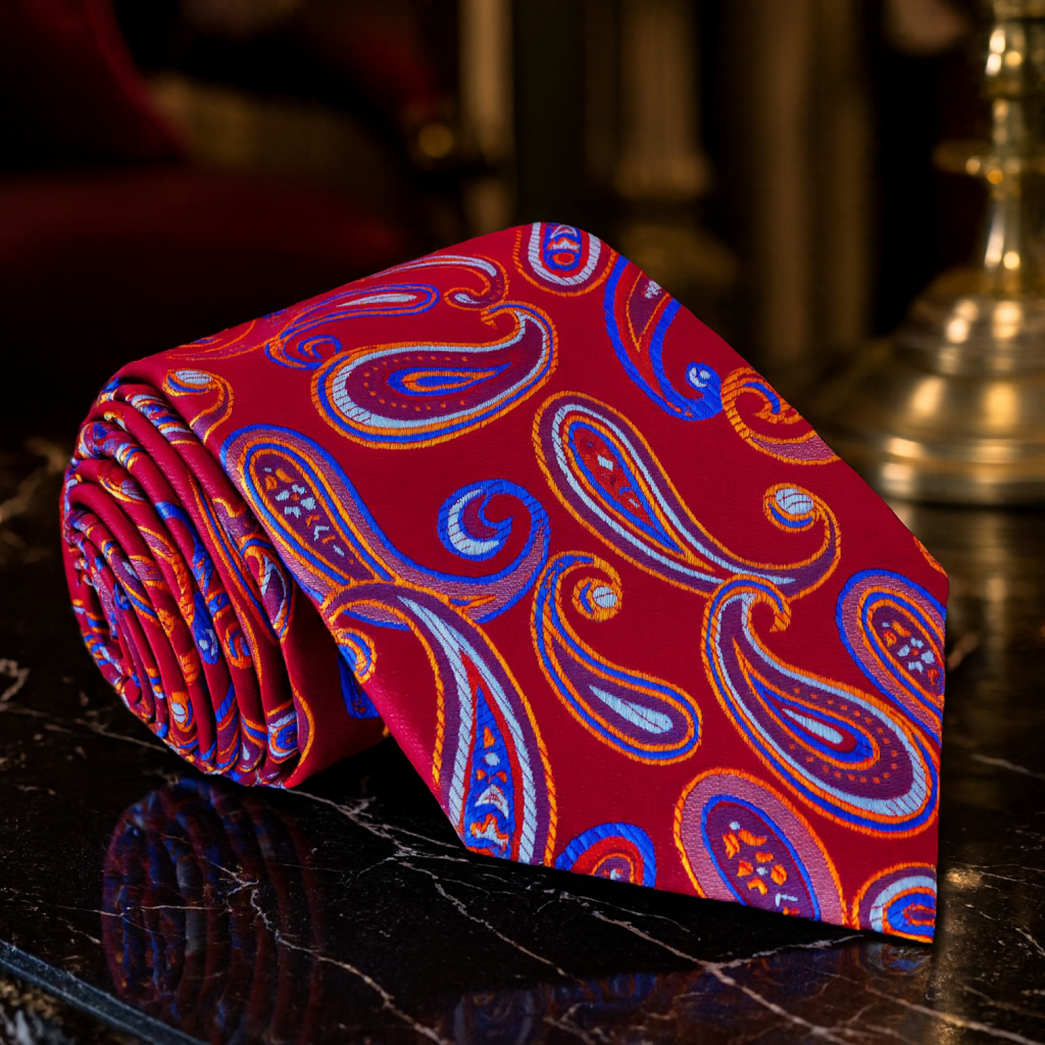 A Red, Blue Color Paisley Pattern Necktie 