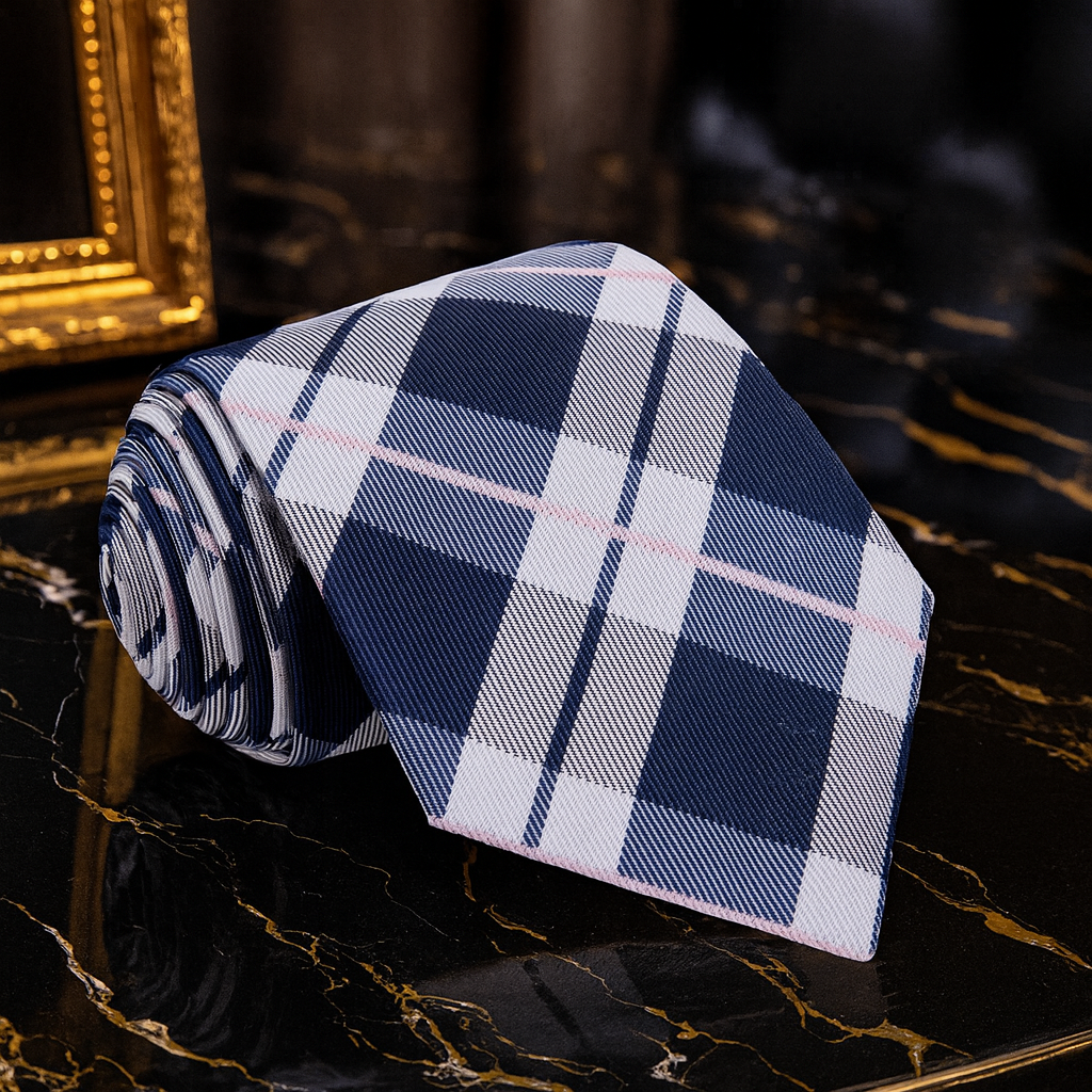 Grey and Dark Blue Plaid Tie on Black Marble