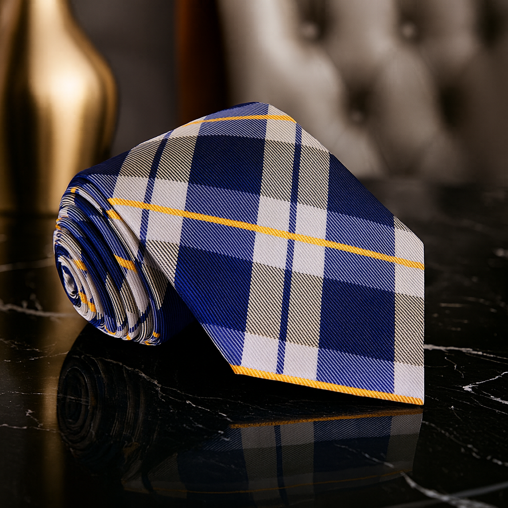 Brown Blue and Gold Plaid Tie