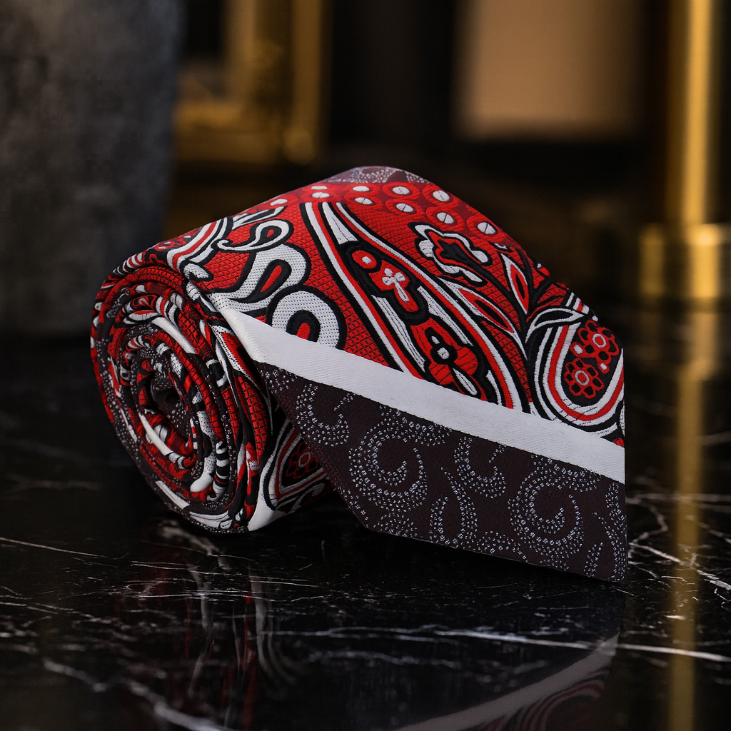 Red and Brown black patterned tie on a reflective surface with blurred background