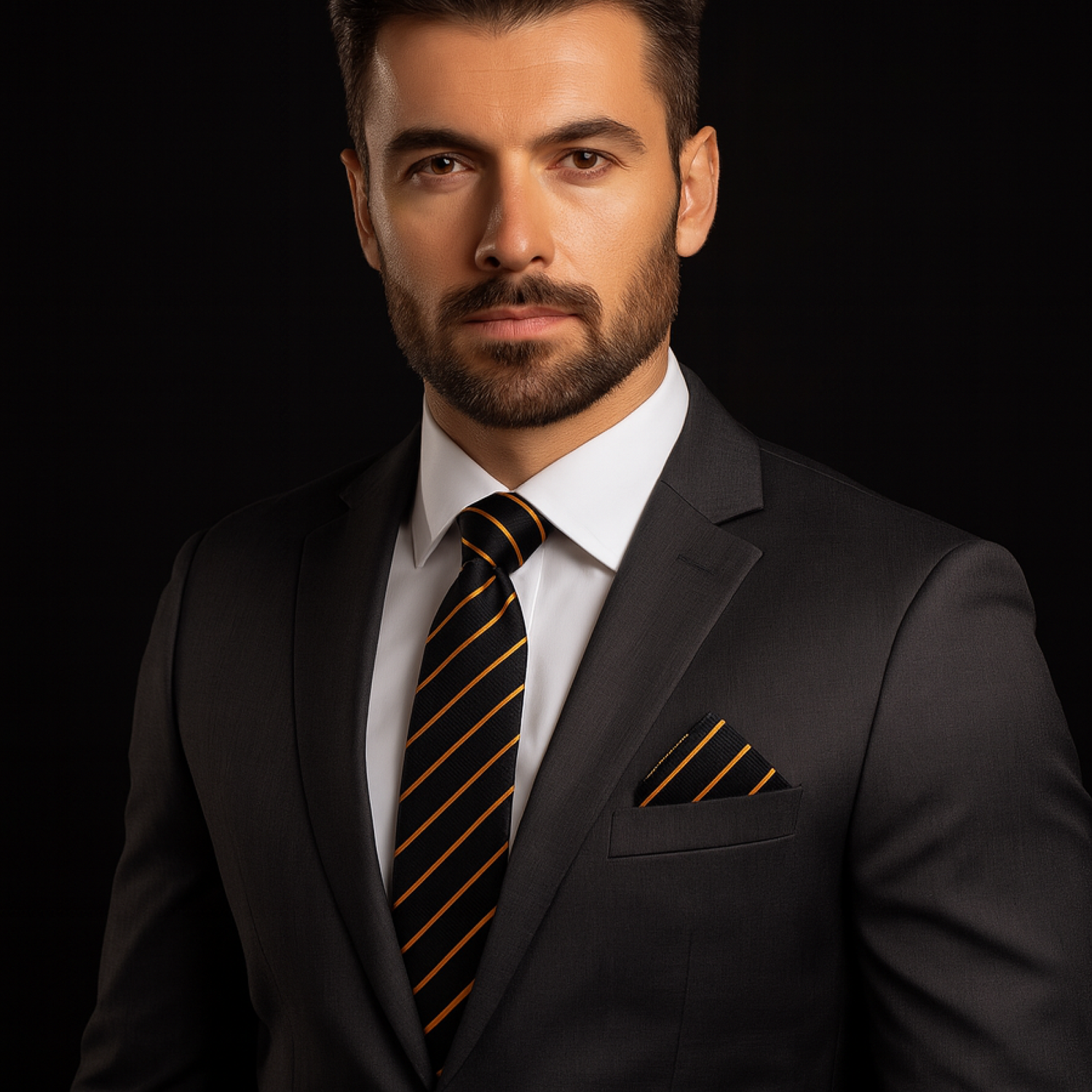 Black and gold stripe tie and square on man
